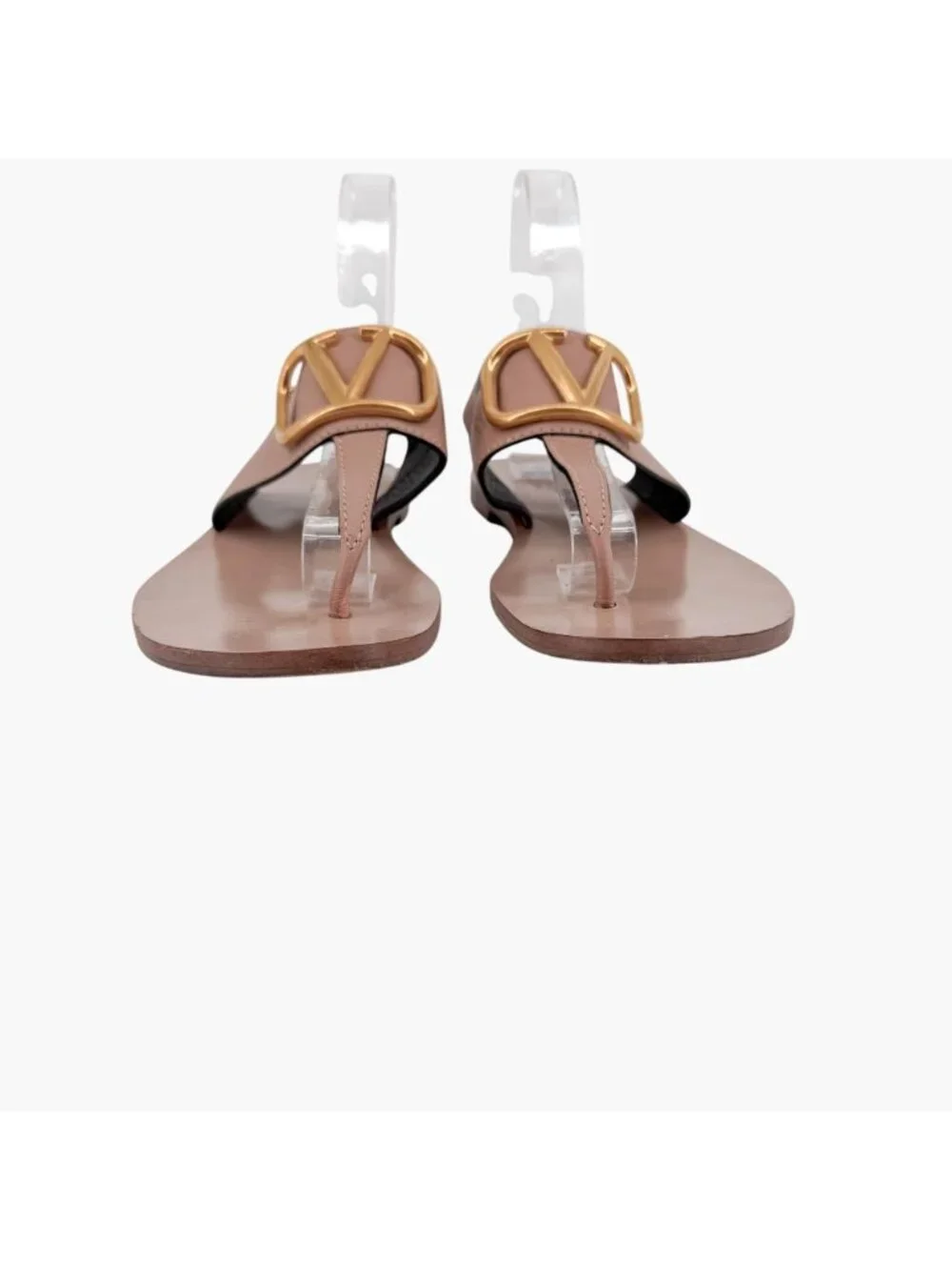 Valentino Garavani Vlogo Beige Leather T-Strap Flat Sandals Size 38 US 8 Women's